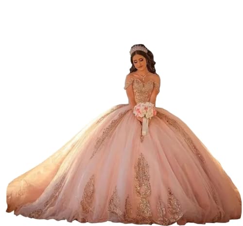 Glittery Gold Sequins Applique Sweet 16 Quinceanera Dresses Ball Gown Off The Shoulder 8th Grade Prom Dress 2025