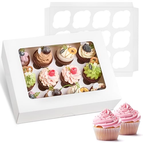 Kucoele 12 Count Cupcake Boxes, 2 Pack White Cupcake Containers with Windows and Inserts, Disposable Cupcake Carriers for Muffins, Treats, Pastries, 13 x 10 x 4 Inches