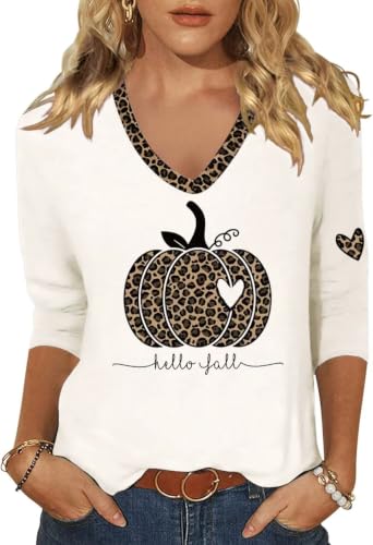Woffccrd Womens 3/4 Sleeve V Neck Halloween T Shirts Plaid Pumpkin Shirts Thanksgiving Autumn Graphic Tee Tops (XL,26bwng Beige)