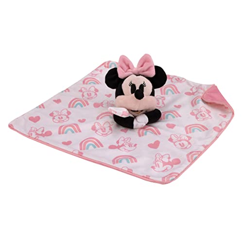 Image of Disney Minnie Mouse White, Pink, and Aqua Rainbows and Hearts Super Soft Sherpa Baby Blanket and Security Blanket 2-Piece Set