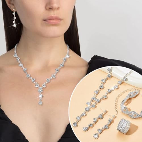 10Pcs Silvery Rhinestone Jewelry Set for Women Bride Wedding Prom Jewelry Evening Rhinestone Sparkly Clutch Purse Bag Necklace Tennise Layered Bracelets CZ Ring Crystal Drop Earring Set Silvery Shiny Costume Kit4