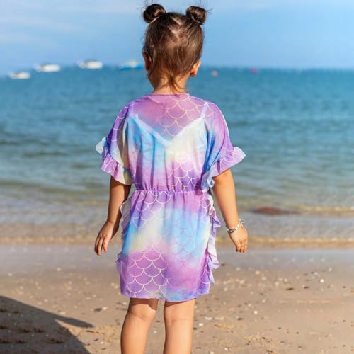 Little Girl Beach Cover Up Dress Ruffle Sleeves Mermaid Scale Swimsuit Cover Up Kids Bathing Suit2
