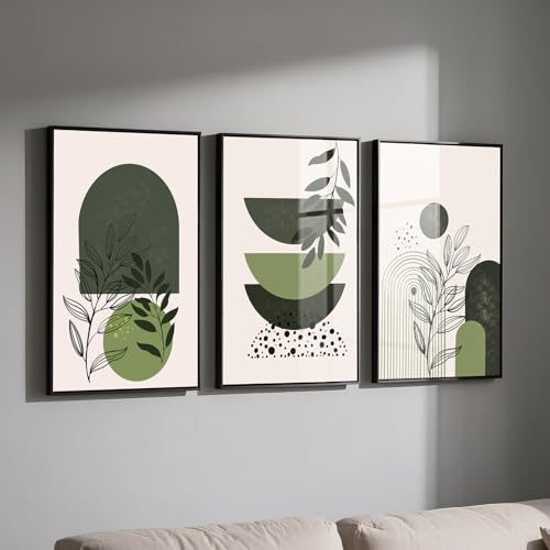 PWAAHDC Grön kanvas väggkonst, set med 3 Boho-tryck, beige och sa...