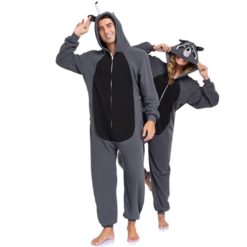 GOGOBOND Unisex Adult Onesie Raccoon Fleece Halloween Costume Animal Pajamas One Piece Cosplay Sleepwear M