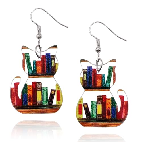 Bookcase Dangle Earrings for Women Teardrop Dangle Earrings with Book Shelves Patterned Acrylic Gifts for Women Girls (cat)