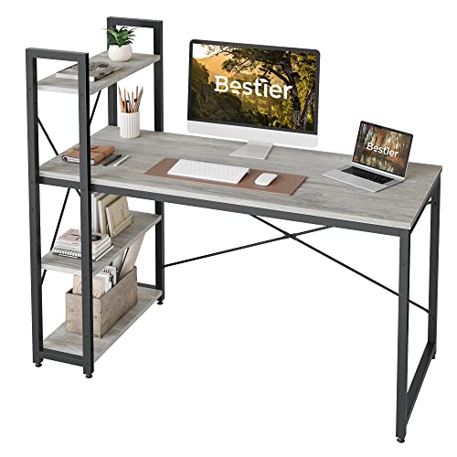 Bestier 55 Inch Computer Desk with Adjustable Shelves, Simple Writing Desk with Reversible Bookshelf and Metal Legs for Home Office and Studio, Wash White 55 Inch Wash White