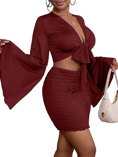Image of LYANER Women 2 Piece Vacation Outfits Tie Knot Front Bell Long Sleeve Crop Top and Mini Skirt Summer Set