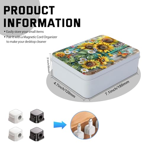 Image of Metal Tin Box with Lid, Sunflowers Daisies and Butterflies | Multi-functional Storage, Large Box, Can Store Tea Biscuits Game Cards Playing & Tarot Cards