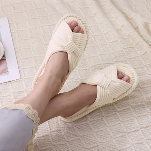 Image of Evshine Summer House Slippers for Women Corduroy Cross Bow Indoor Slippers Open Toe Slip On Bedroom Shoes with Memory Foam