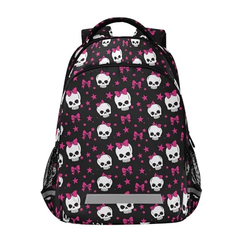 Mnsruu Laptop Backpack with Chest Strap, Skull Pink Bow School Backpack, Travel Hiking Bag for Boys Girls Teen College Adult, Rucksack Knapsack