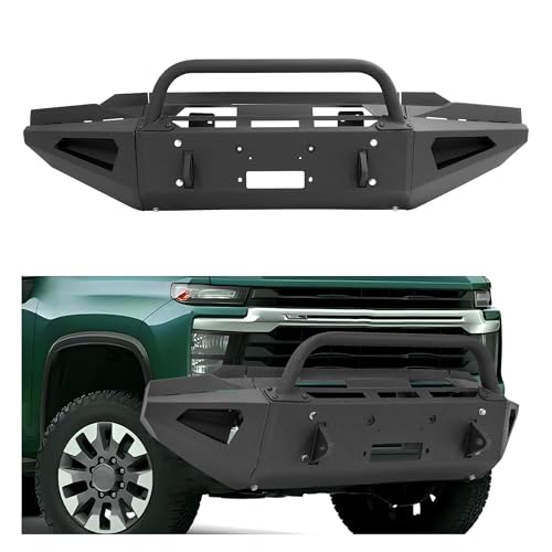 HECASA Front Bumper Assembly Compatible with 2020-2024 Chevy Chevrolet Silverado 2500 HD 3500 HD w/Tow Hook Hole & Winch Plate & Side Light Hole Steel Powder Coated Black 3PCs 2Packages