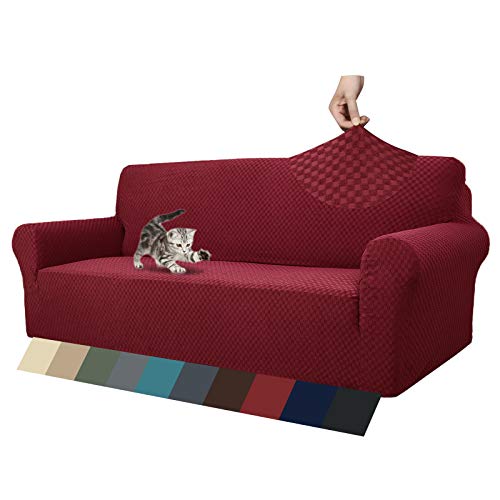 red couches and sofas - ZNSAYOTX 1 Piece Jacquard Couch Covers for 3 Cushion Couch Living Room High Stretch Sofa Cover Pets Dogs Friendly Anti Slip Thickened Slipcovers Furniture Protector (Sofa, Wine Red)