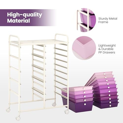 FANTASK Rollwagen mit 12 stapelbaren Schubladen, Badrollwagen mit Metallgestell & Ablagefläche, Aufbewahrungswagen Rollcontainer für Büro, Wohnzimmer, 64 x 38 x 62 cm (Violett)