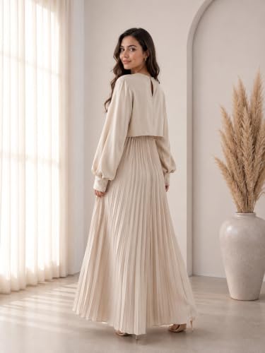 Image of LITZO Women's One Piece Dress - Georgette Solid Color Western Gown | Long Sleeve Round Neck Fit & Flare Flared Hem Design | A-Line Maxi Dress for Women | New Year Party Outfit (NO-17-18)