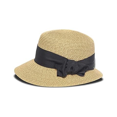 Physician Endorsed Women's Spectator Straw Hat with Ribbon Trim and Assymetricl Brim, Gold/Black, One Size Cover