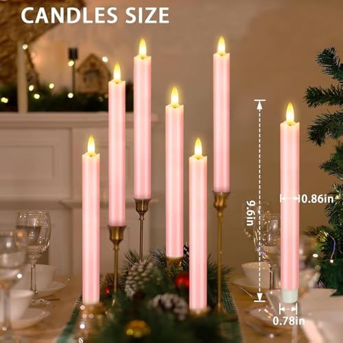 Image of KSWING Upgraded Real Wax LED Flameless Pink Taper Candles with Remote, 6 PCS Candlesticks Battery Operated 3D Flickering - 9.6 inch Long Realistic Fake Candle Sticks for Home /Wedding /Fireplace Xmas Decor