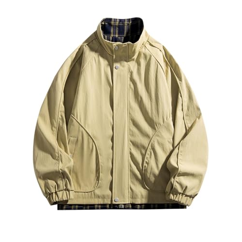 Men Plus Size Zipper Cargo Windbreaker Jackets Stand Collar Casual Coat Long Sleeve Plaid Outdoor Outerwear