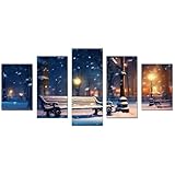 AMXBZC 5 Stück Moderne Winter Landschaft Wandkunst Bilder Winternachts Schneeszene Pflanze Drucke Büro Küche -Badezimmer Kunstdrucke Wandbilder Wohnzimmer Gemälde(blau)-60x125cm Ungerahmt