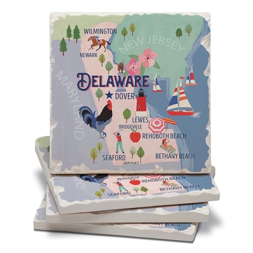 Thirstystone Delaware Attractions 4 Pack Tumbled Tile Stone Coasters with Protective Cork Backing 4" Square Manufactured in The USA