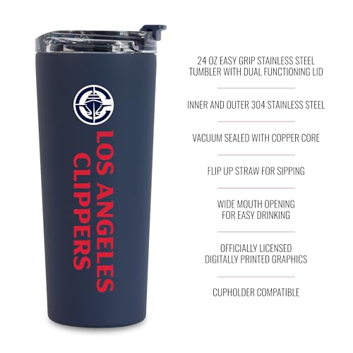 Image of Rico Industries NBA Basketball Los Angeles Clippers Navy 24oz Stainless Steel Tumbler with Lid and Dual Functioning Lid