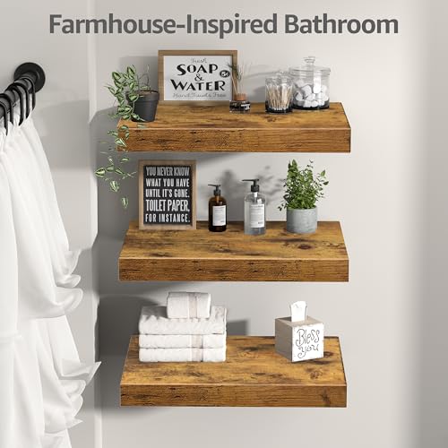 Image of QEEIG 12 inch Deep Floating Shelves for Wall - 12 x 16 inch Book Shelf Bathroom Bedroom Kitchen Living Room Hanging Bookshelf Farmhouse Set of 3, Brown (026-40BN3)