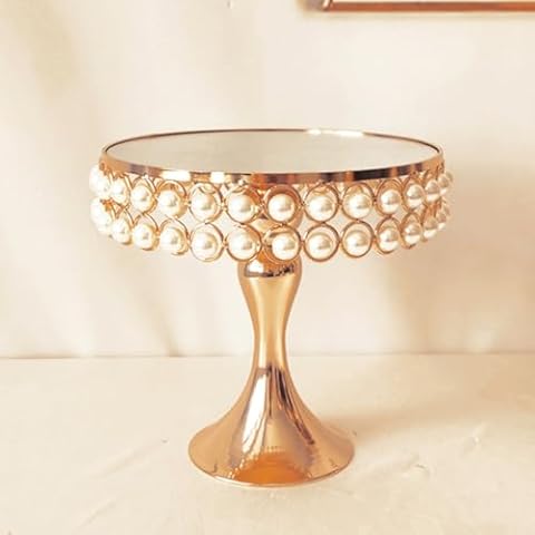 8 Inches 20cm Rose Gold Round Mirror Cake Cupcake Stands Metal Pedestal Holder with Pearls, Party Dessert Cheese Display Plate for Wedding Party Birthday Baby Shower Celebration Home Decor - Pearls Cover