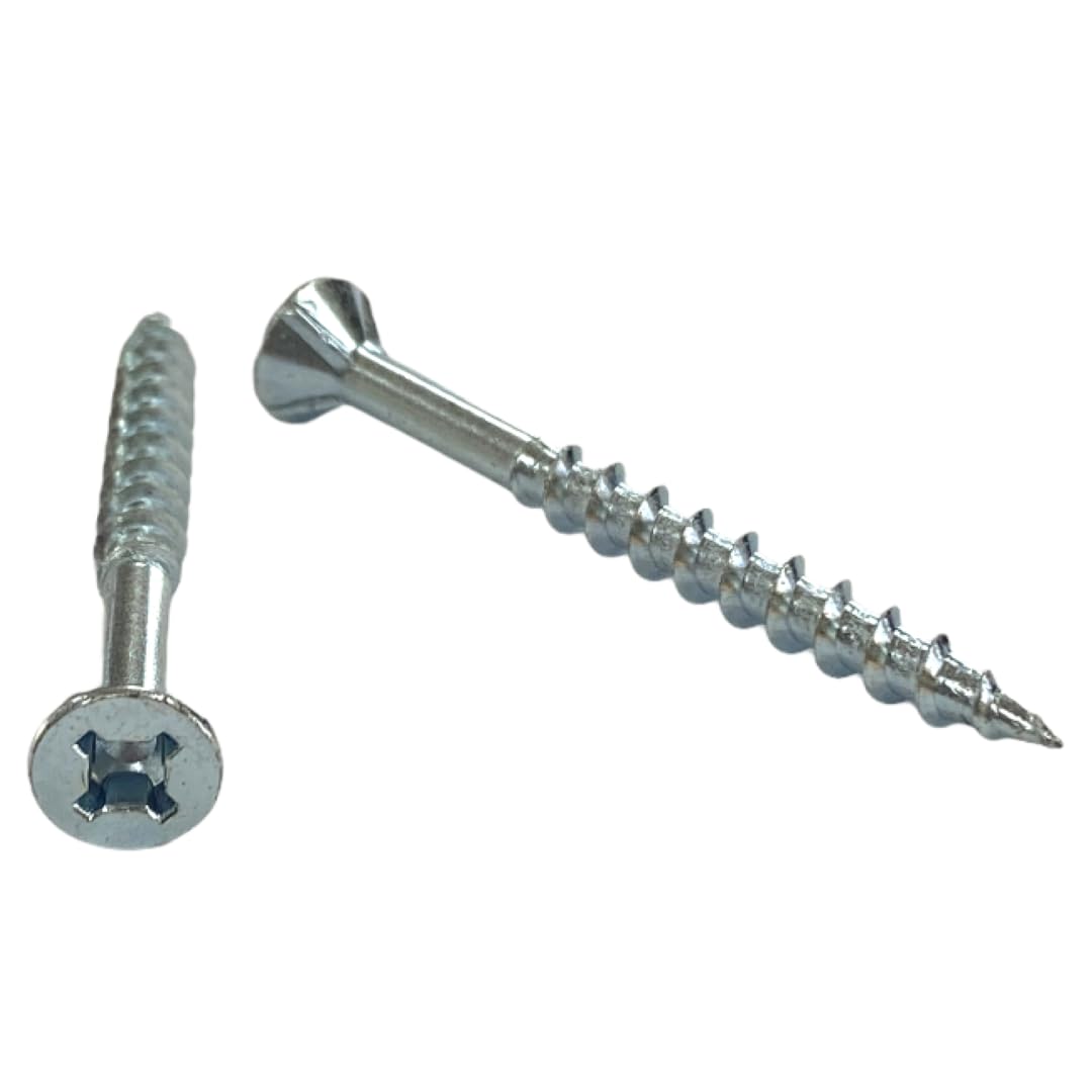 Cabentry Brand | Wood Screws | Flat Head with Nibs | Phillips Square Drive | #8 | 2 1/4 Inch | Deep Thread | Type 17 Point | Zinc Finish | 1000 Pack