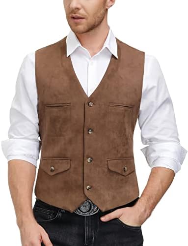 Men's Western Cowboy Suede Leather Suit Vest Casual V-Neck Waistcoat Coffee L