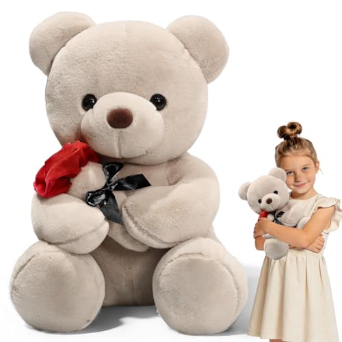 Teddybär, Plüsch-Bär, Teddy mit Rose, 35 cm Teddybären Rose Stofftier Spielzeug Dekozimmer Kissen, Plüschtier Kuscheltier Schmusetier Geschenke für Mama, Kinder Mädchen, Geburtstag, Valentinstag