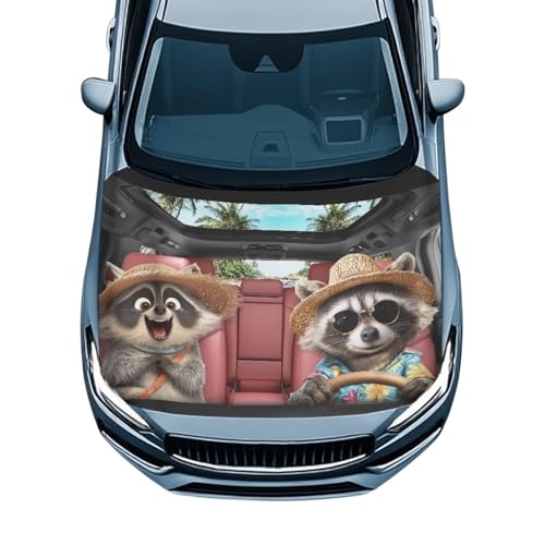 Image of Cute Small Raccoon Car Hood Cover Polyester Elastic Fabrics Washable Suitable for Large SUV and Pickup Trucks 39x59in