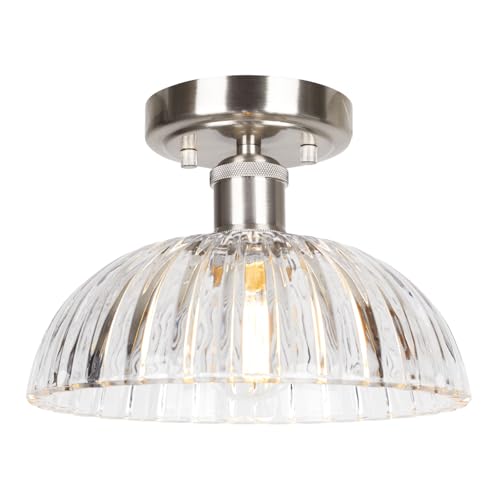 Image of JYZ Semi Flush Mount Ceiling Light, Brushed Nickel Ceiling Light Fixture with Ribbed Glass Shade, Vintage Light fixtures for Hallway, Entryway, Bathroom, Kitchen, Bedroom