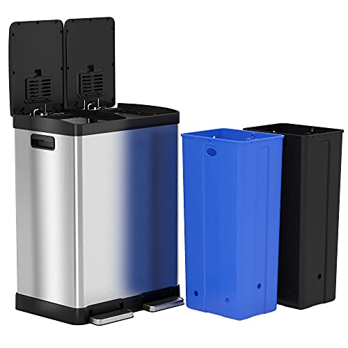Image of iTouchless SoftStep 60 Liter / 16 Gallon Kitchen Step Trash Can & Recycle Bin with Double Odor Filters and Color-Coded Buckes, Stainless Steel, 2 x 8 Gallon (30L), Soft Close Lid and Airtight Seal