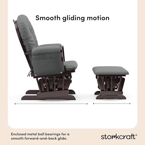 Image of Storkcraft Premium Hoop Glider & Ottoman (Espresso /Gray) - GREENGUARD Gold Certified Nursery Glider, Solid Wood Craftsmanship, Smooth-Gliding Nursery Chair and Ottoman, Award-Winning