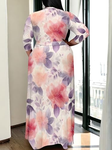 Image of SUZONANA Plus Size Maxi Dresses for Curcy Women Casual Loose 3 /4 Sleeve Long Dress with Belt