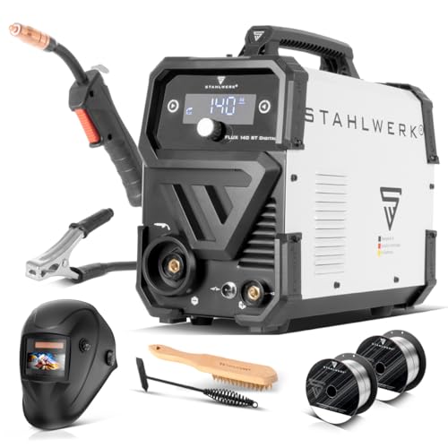 STAHLWERK Schweißgerät Mini FLUX 140 ST Digital – Vollausstattung – Fülldrahtschweißen ohne Schutzgas bis 140 A, kompakt, synergischer Drahtvorschub, mit LED-Licht, Lift-TIG- und MMA/ARC-Funktion