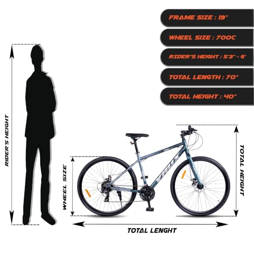 Image of Vaux City-Pro Hybrid Cycle for Men with Gears|21 Speed Shimano Gears| 19 Inch HI-Ten Steel Frame| Dual Disc Brakes| 700x35C Tyres|Double-Wall Alloy Rims (Grey-Blue, Multispeed, Rigid Fork)