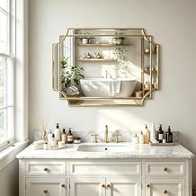 Gold Beveled Geometric Mirror, 30"x20" Small Rectangle Bathroom Mirror with Wood Frame, Art Deco Wall Mirrors for Entryway Hallway Living Room Bedroom, Horizontal or Vertical Hanging