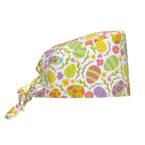 Easter Eggs Colorful Flowers Working Cap Scrub Cap with Sweatband Adjustable Unisex Women Tie Back Hat Nurse Surgical Caps