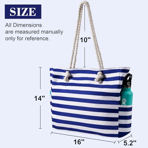Bolsa de playa grande de rayas azules con cremallera y diseño impermeable 3