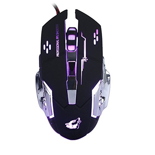 Lancoon Juego De Ratón con Cable, Ratones ópticos para Juego con 6 Botones, 4 Respiradores Retroiluminados, Agarres Ergonómicos y Niveles de Ajuste de 4 dpi para PC, Portátil y Mac - GM05 Negro