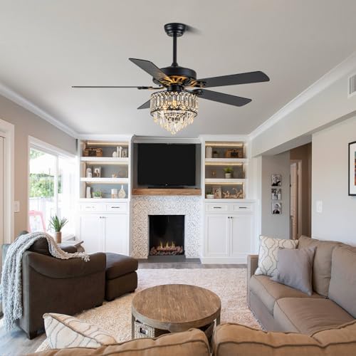 Image of 52'' Black Crystal Chandelier Ceiling Fan with Light