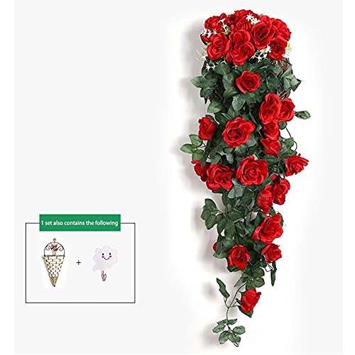 HAOSHICS Lot de 2 roses artificielles à suspendre - Vigne artificielle en soie - Pour mur intérieur ou extérieur - Rouge Cover