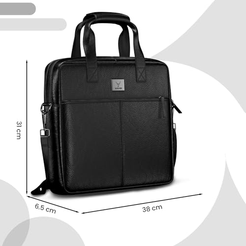Image of REDHORNS Genuine Leather Office Bag for Men & Women | 15.6-Inch Laptop Messenger Bag | Business Bag with Handle, Padded Laptop Compartment, Adjustable Sling Strap, Zipper Closure - Black