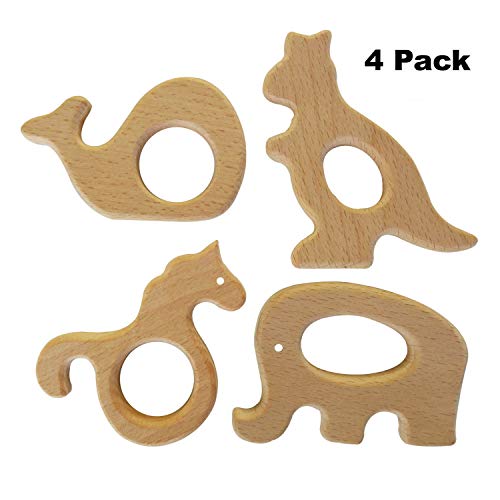 Hombae Wooden Teether Rings Natural Wood Teething Toys for Infant, Wooden Teether Animals for Toddler (Unicorn, Elephant, Whale, Kangaroo, 4Pack)