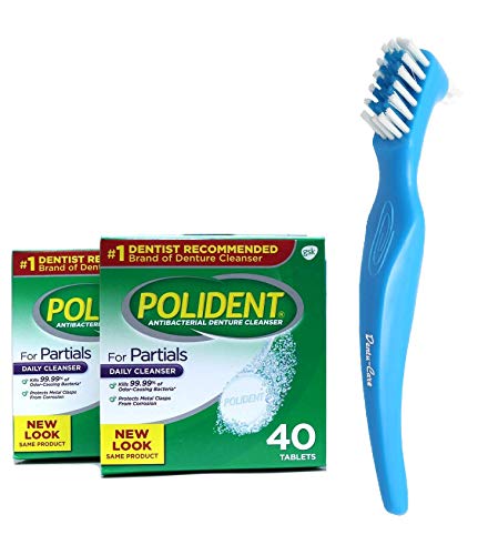 Polident Partial Denture Cleaner Tablets 80 Tablets bundle with Dentu-Care Denture Brush for Good Clean Full/Partial Dentures Mouthguards