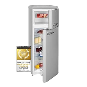 Exquisit Retrokühlschrank RKGC270-45-H-160E grau, 206 L Volumen, Retro Kühlschrank mit Gefrierfach freistehend, Türablagen & Glasablagen, LED-Licht