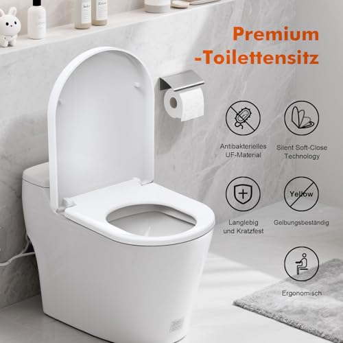 Ibergrif WC Sitz mit Absenkautomatik, D Toilettendeckel Einfache Montage und Sauber, Klodeckel Quick-Release-Funktion, Antibakterielle, für die Meiste Toilette, Belastbarkeit von 150kg, M41001, Weiß