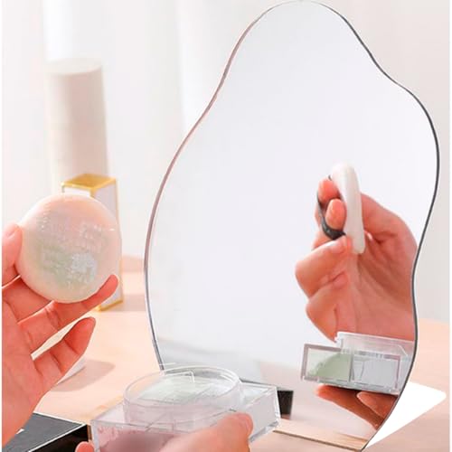 Espelho De Mesa Decorativo Vintage Formato Orgânico Irregular Decorativo Bancada de Mesa Para Camarim Base Em Metal (Suporte Branco)