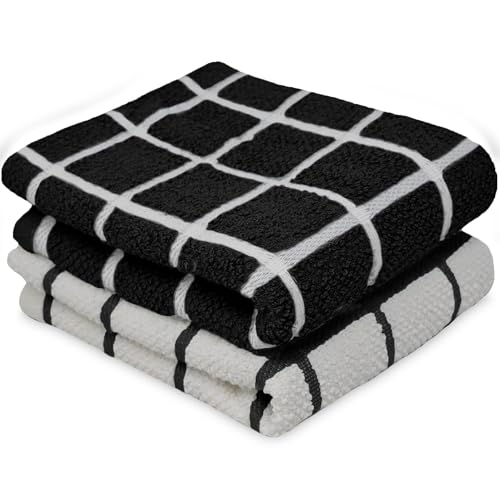 Towelogy® Premium Tea Towels for Kitchen 100% Cotton Lint Free Large Black/White Jumbo Check Dishcloths Tear Resistant & Ecofriendly 45x65 cm (Black/White, 2)