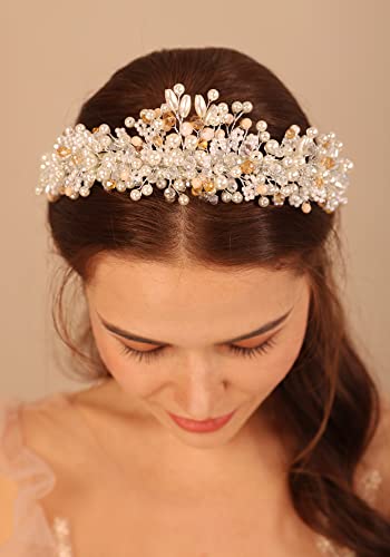 Kercisbeauty Handmade Beaded Silver Hair Tiara for Women Wedding Bridal Hair Accessories Pearl Crystal Hair Jewelry for Prom Banquet Party - Image 2